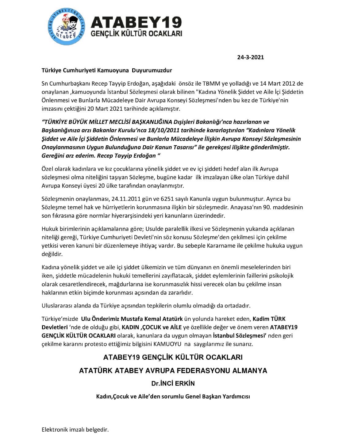 İstanbul Sözleşmesi'ne İlişkin Basın Açıklaması - 24.03.2021